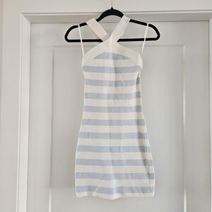Babaton White and Light Blue Striped Mini Dress